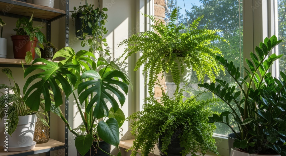 Fototapeta premium Sunlit Indoor Plants Collection Near Window