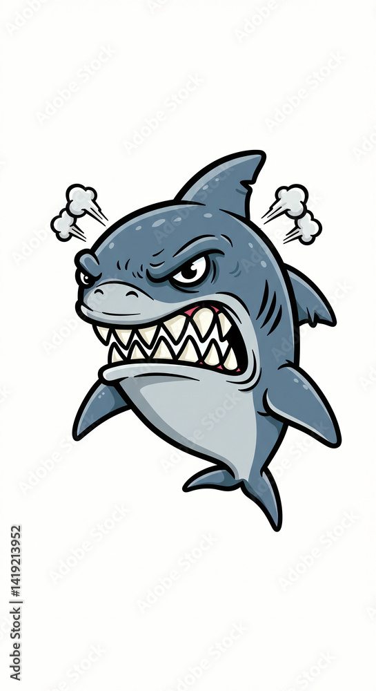 Obraz premium Angry Shark Cartoon with Sharp Teeth on White Background