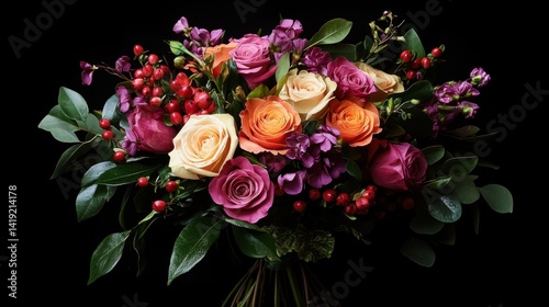 Vibrant floral bouquet of roses and accent flowers.