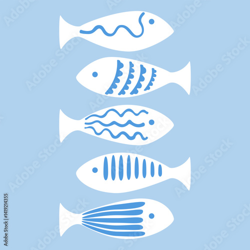 Set of hand drawn doodle vector graphics. Simple line drawing. Vector illustrations of seafood, sea fish, underwater ocean creatures sketch for pattern design and fine dining restaurant kitchen menu.
