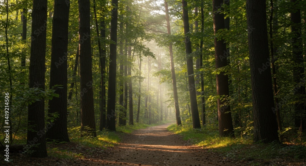 Obraz premium Sunlit Path Through Lush Green Forest