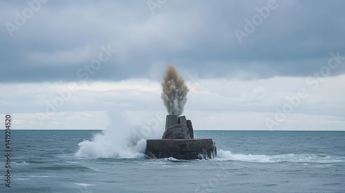High pressure underwater detonation triggering a dramatic explosion with powerful waves crashing outward in a dynamic chaotic display of natural force and energy