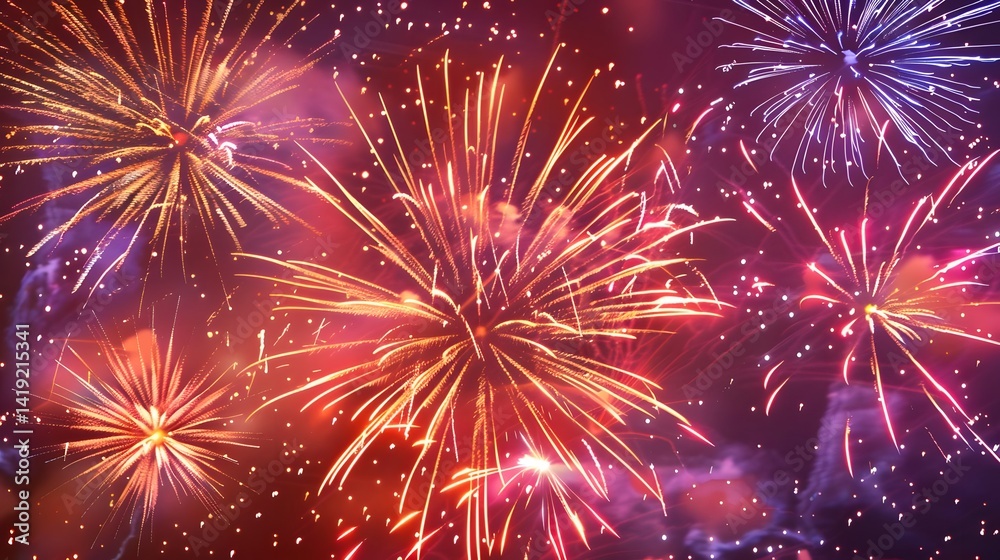 Fototapeta premium Vibrant Fireworks Display: Exploding Colors Light Up the Night Sky with Dazzling Brilliance and Festive Spectacle, Creating a Magical Atmosphere for Celebrations.