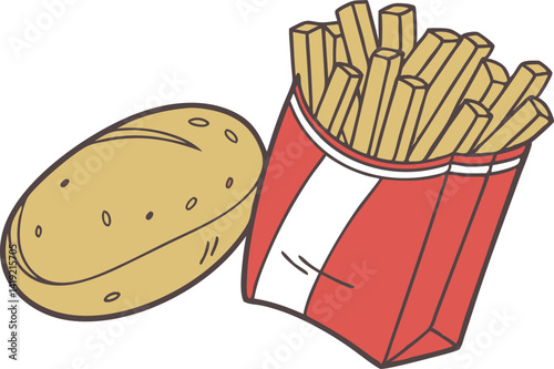 Cute Cartoon Potato and French Fries Vector Illustration. Fast Food item.