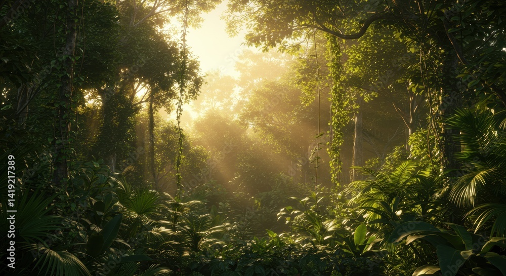 Obraz premium Sunlit Tropical Rainforest with Lush Green Foliage