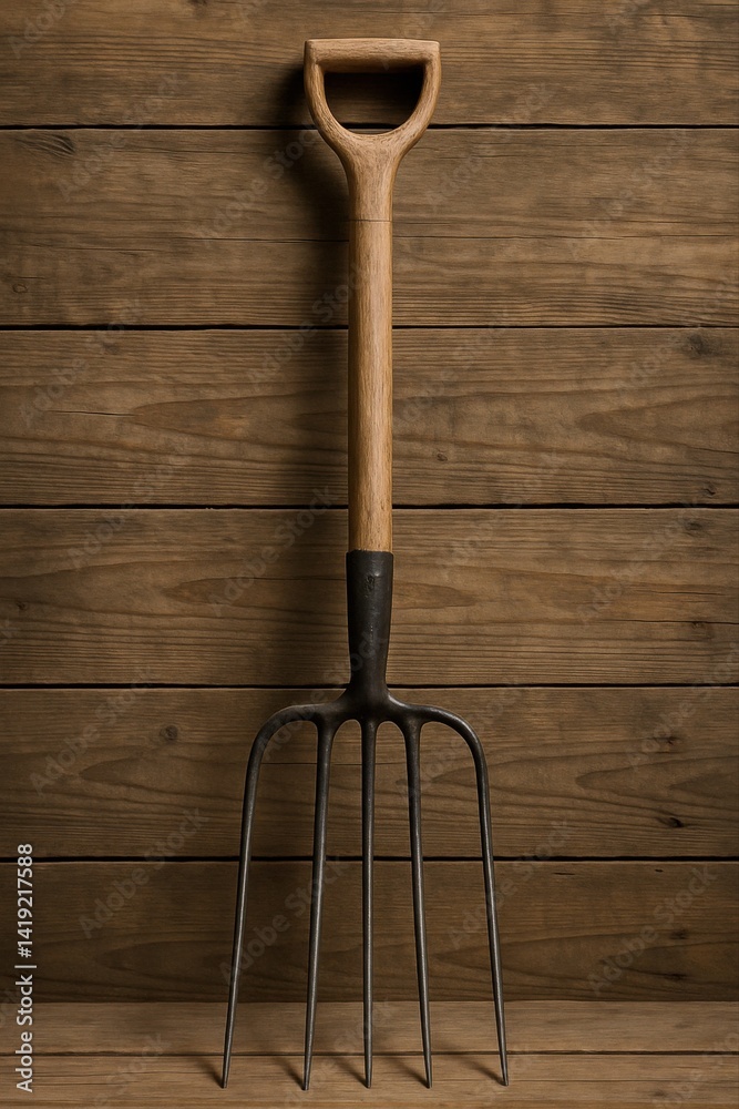a pitchfork standing upright against a rustic wooden wall a pitchfork standing upright against a rustic wooden wall