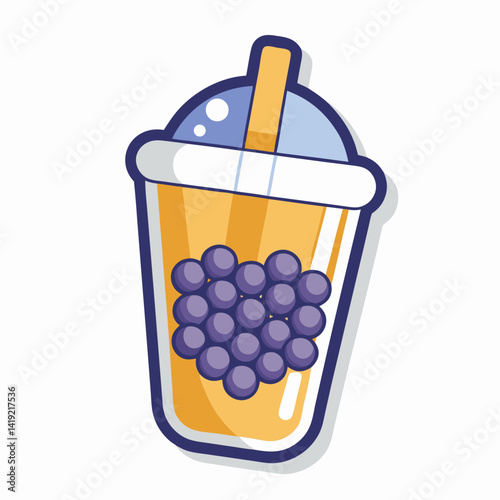 Bubble tea sticker featuring a colorful cup with a straw and floating bubbles, representing a popular beverage.