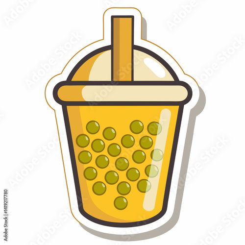Bubble tea sticker featuring a colorful cup with a straw and floating bubbles, representing a popular beverage.