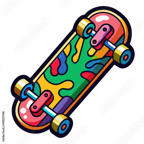A vibrant skateboard featuring a rainbow design, showcasing a spectrum of colors across its surface.