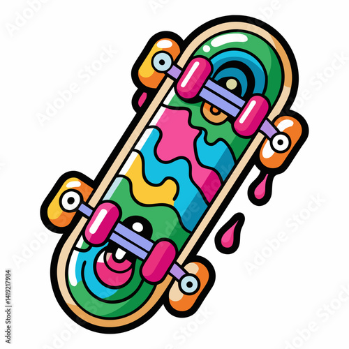 A vibrant skateboard featuring a rainbow design, showcasing a spectrum of colors across its surface.