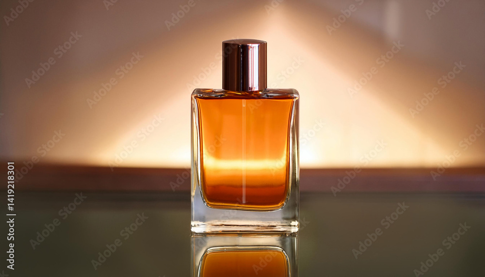 Elegant Blank Perfume Bottle Mockup with Amber Liquid in a Warm Temperature. Perfume with Mirror Background and Natural Daylight.