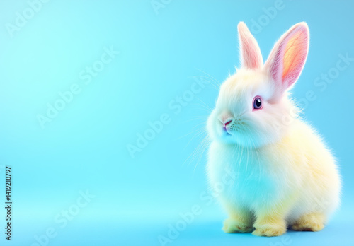 Cute little white Easter bunny in costume made of pastel Spring fashion clothes. Little rabbit. Pastel blue background. Illustration. Generative AI.