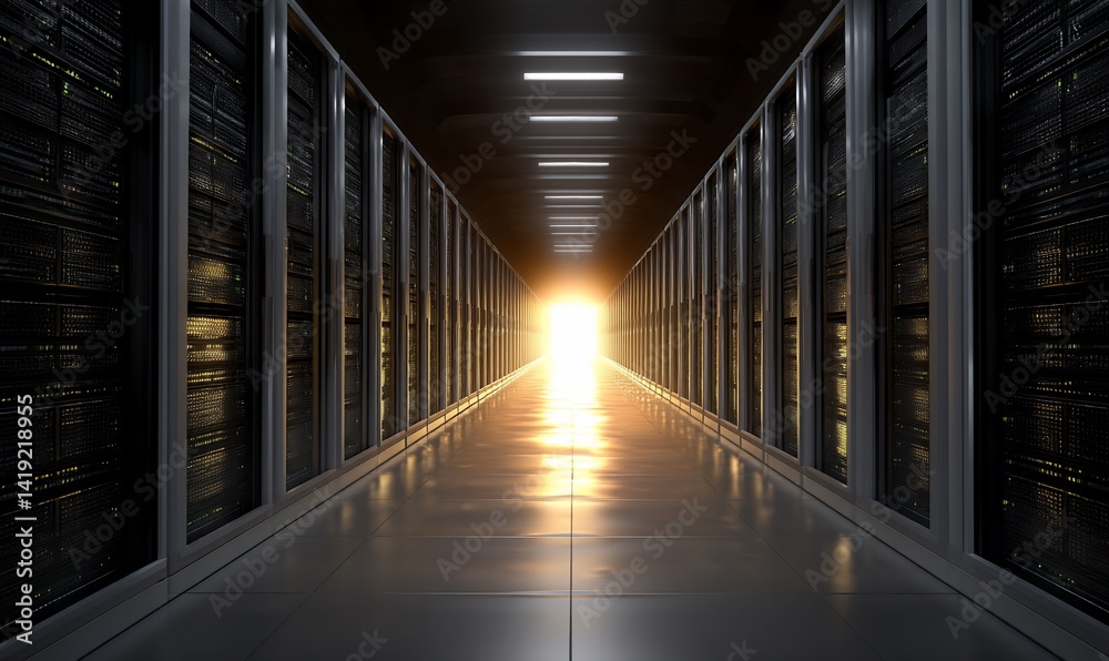 Obraz premium Server room hallway with bright light at the end