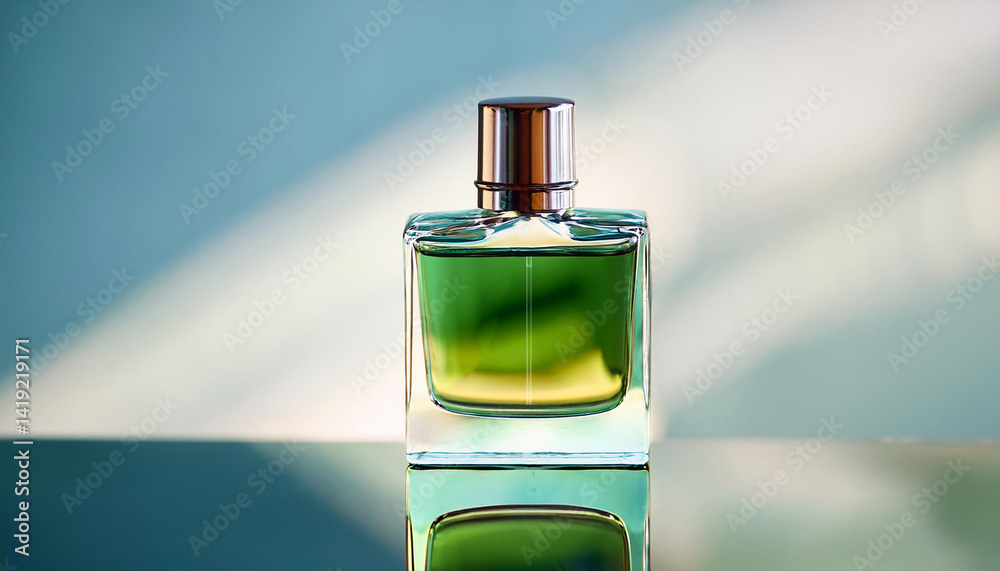 Elegant Blank Perfume Bottle Mockup with Green Liquid in a Cool Temperature and Natural Daylight Elegant Blank Perfume Bottle Mockup with Green Liquid in a Cool Temperature and Natural Daylight