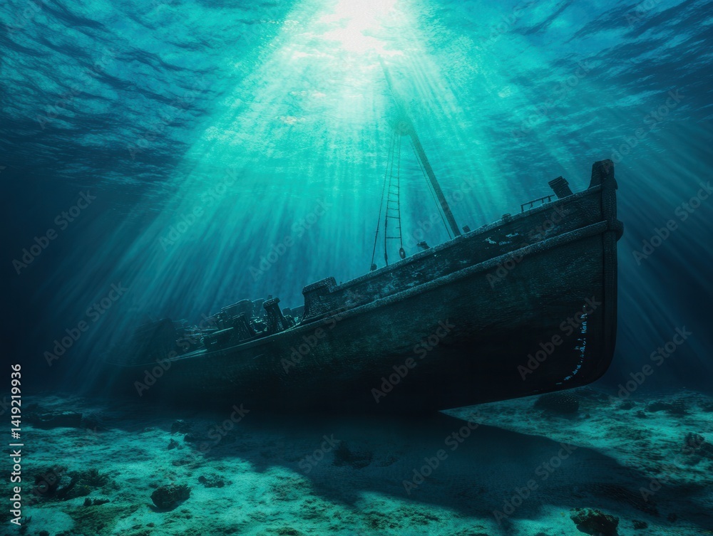 Fototapeta premium Serene underwater exploration revealing a weathered ship resting on the ocean floor under gentle sunlight rays.