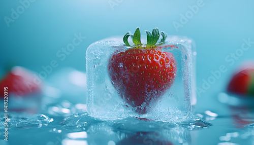 Frozen strawberry in ice cube on frozen blue background photo