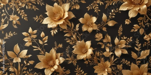 Elegant golden floral pattern, delicate blooms & foliage ,  graphic,  shimmer,  golden
