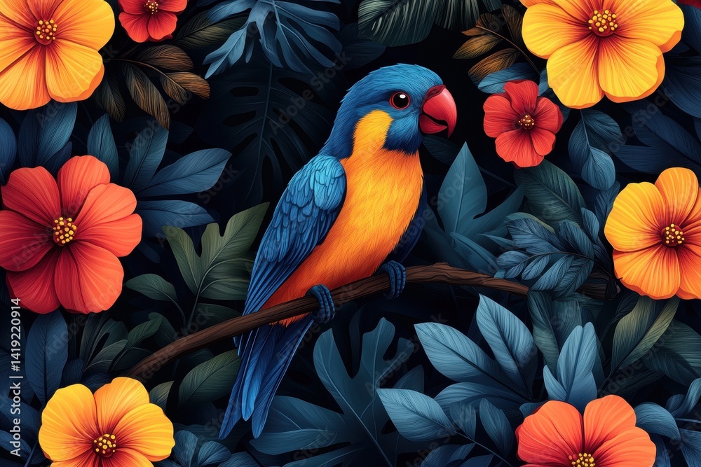 Obraz premium Colorful parrot perched among vibrant tropical flowers in a lush backdrop