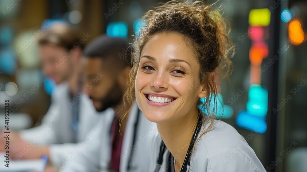 Smiling female doctor in a lab setting, showcasing professionalism and warmth. Smiling female doctor in a lab setting, showcasing professionalism and warmth.
