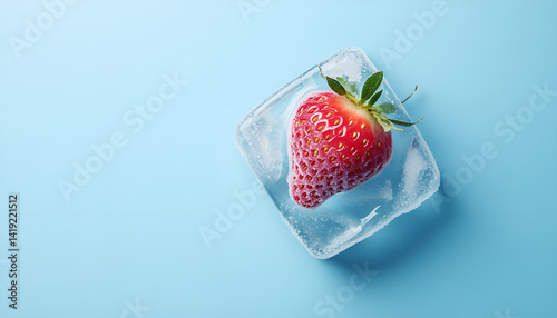 Frozen strawberry in ice cube on frozen blue background photo