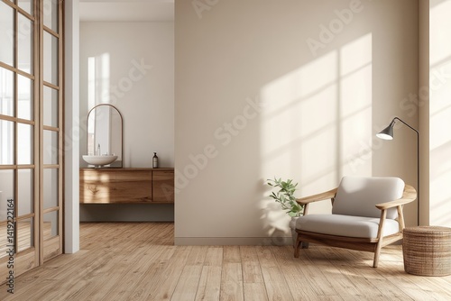 Sunlit minimalist living space with light wood floors, armchair, and muted tones