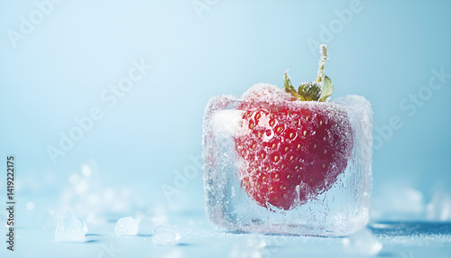 Frozen strawberry in ice cube on frozen blue background photo