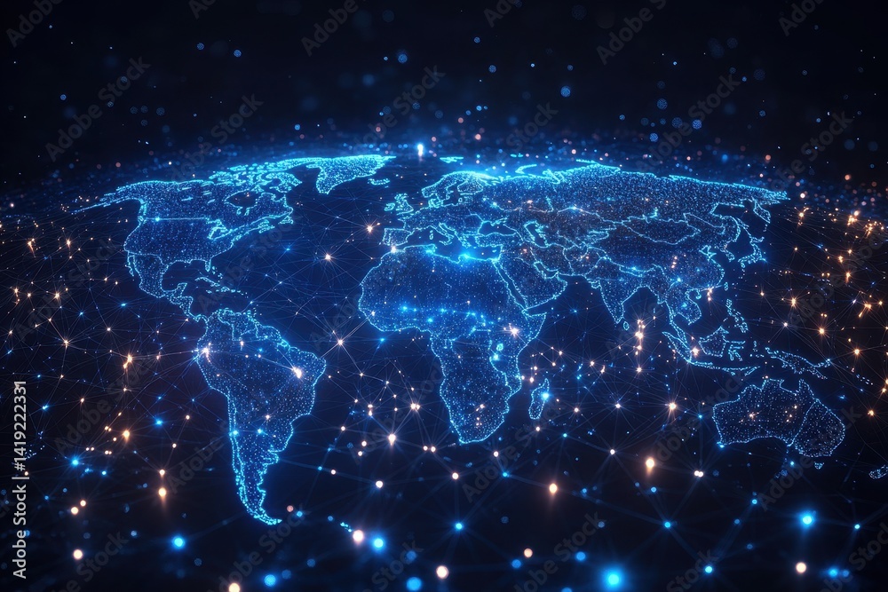 Obraz premium Digital representation of a world map showcasing interconnected networks and glowing nodes