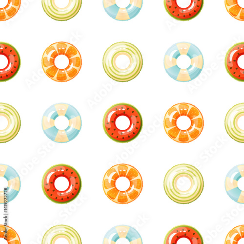 Seamless pattern of colorful inflatable swimming rings. Bright lifebuoy, inflatable float toy. Summer accessory for swimming on the beach, in the pool. Vector summer pattern.