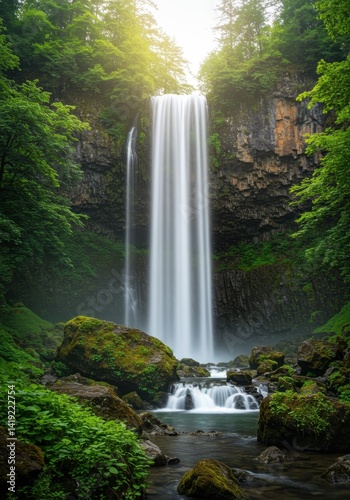 Tall Waterfall in Lush Green Forest