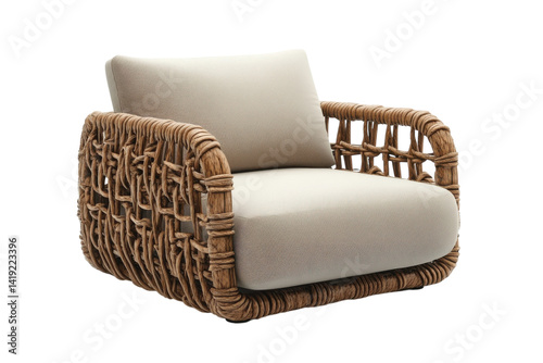 Elegant woven rattan armchair with beige cushions perfect for modern outdoor spaces Studio on transparent background