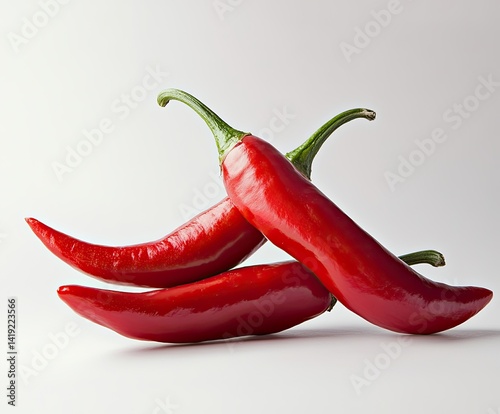 Three vibrant red chili peppers on white background photo