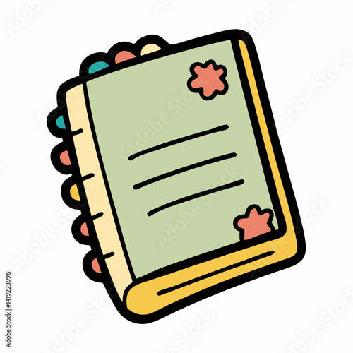 Notebook icon sticker vector illustration featuring a simple design with a spiral binding and a pencil beside it.