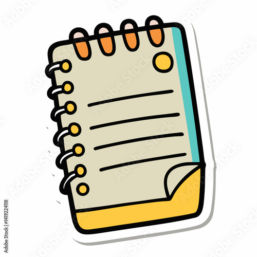Notebook icon sticker vector illustration featuring a simple design with a spiral binding and a pencil beside it.