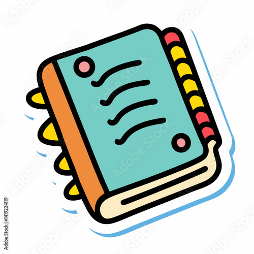 Notebook icon sticker vector illustration featuring a simple design with a spiral binding and a pencil beside it.