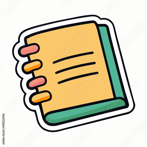 Notebook icon sticker vector illustration featuring a simple design with a spiral binding and a pencil beside it.