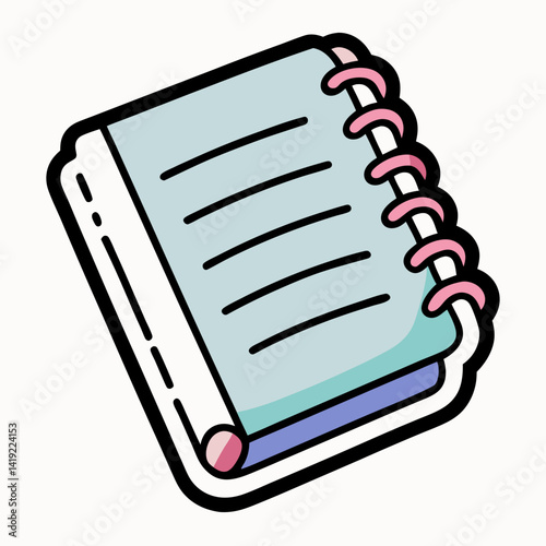 Notebook icon sticker vector illustration featuring a simple design with a spiral binding and a pencil beside it.