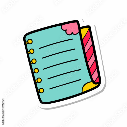 Notebook icon sticker vector illustration featuring a simple design with a spiral binding and a pencil beside it.