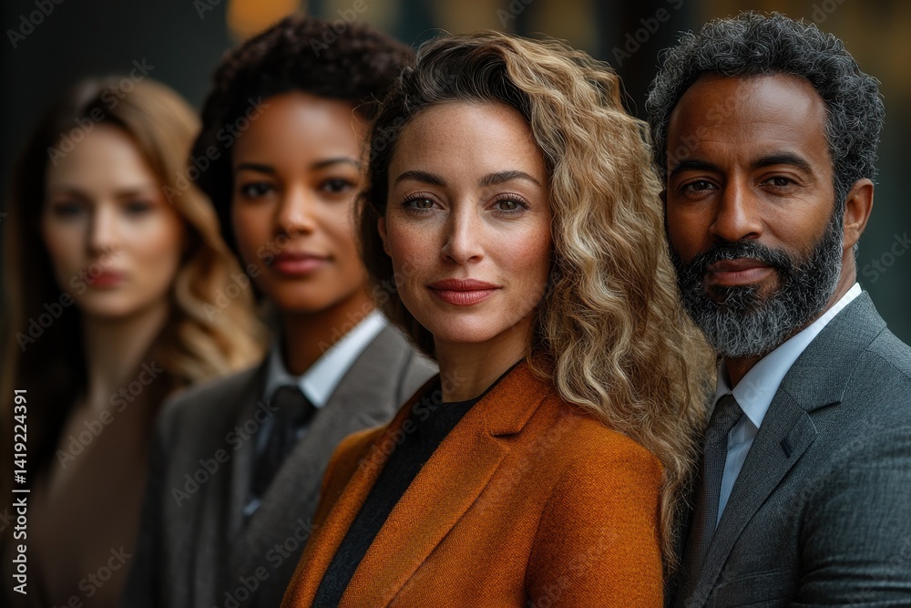 Diverse group of professionals posing confidently in a modern urban setting during the early morning Diverse group of professionals posing confidently in a modern urban setting during the early morning