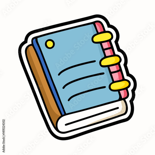 Notebook icon sticker vector illustration featuring a simple design with a spiral binding and a pencil beside it.