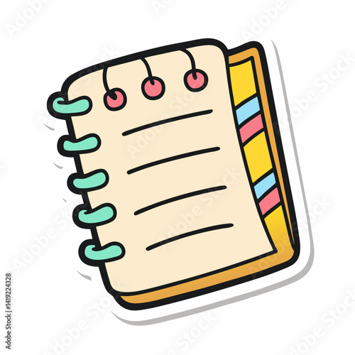 Notebook icon sticker vector illustration featuring a simple design with a spiral binding and a pencil beside it.