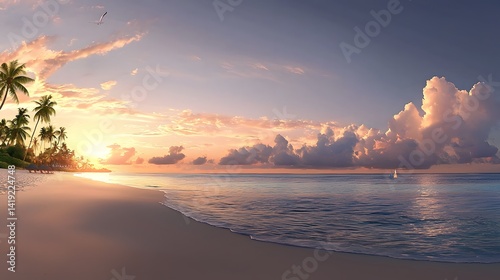 Breathtaking Sunset Landscape Featuring a Tranquil Beach Setting with a Sky Painted in Vibrant Shades of Pink Orange and Purple