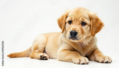 Wallpaper Mural Golden retriever puppy lies down, white backdrop, white, dog, pet photo Torontodigital.ca