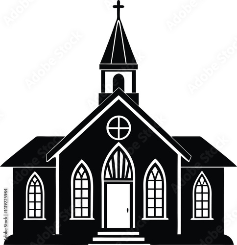 Historic Church Silhouette in Black | Religious Building Vector for Print, Cut & Digital Use