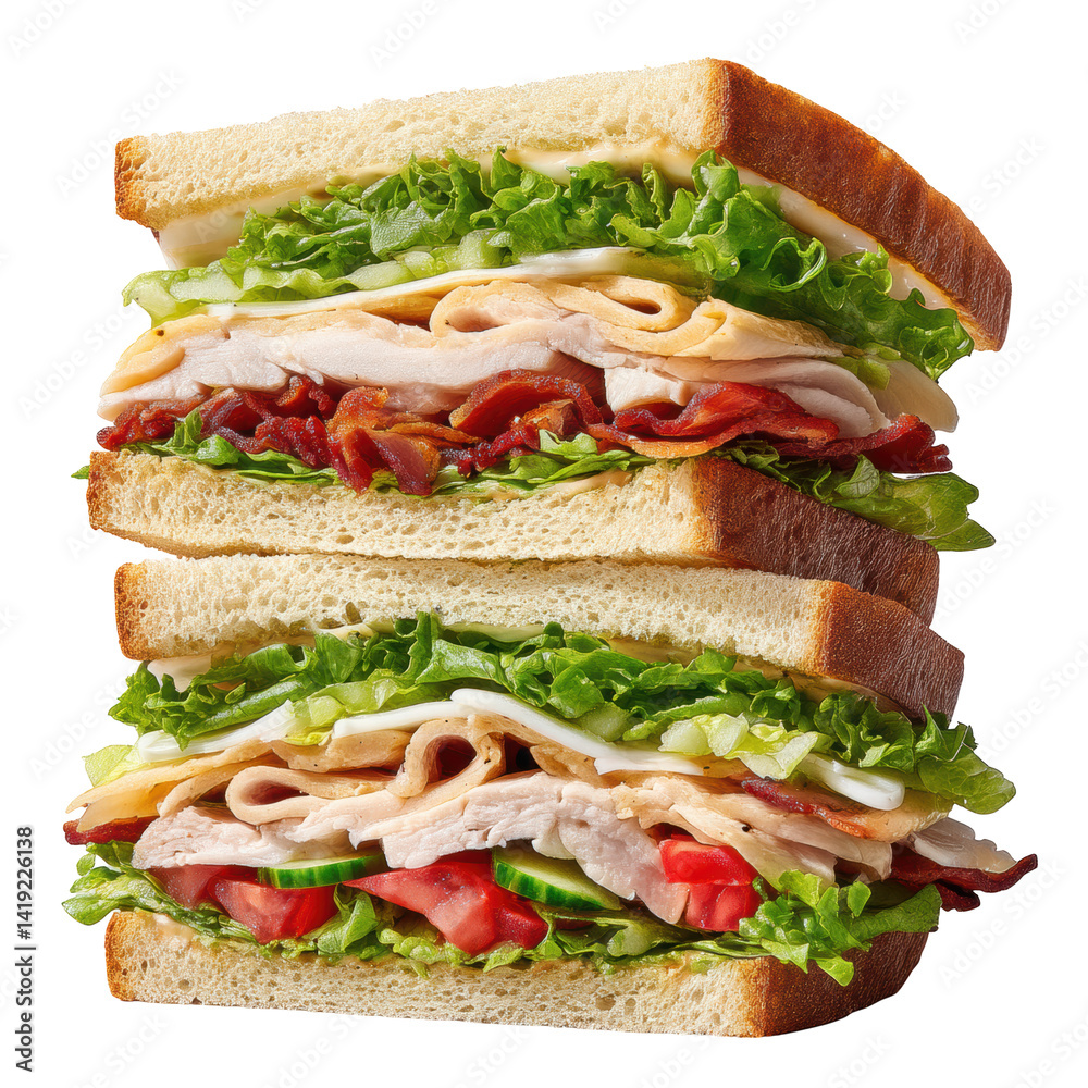 High club sandwich stacked with layers of turkey, bacon, lettuce, and tomato, perfect for hearty meal