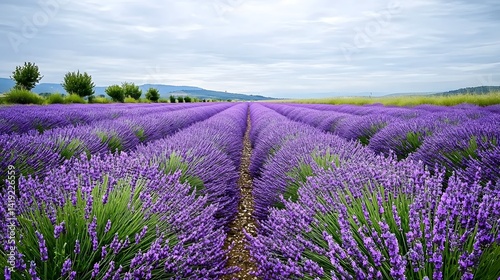 Expansive lavender fields stretching into the horizon the vibrant purple hues of the flowers contrasting beautifully with the warm golden sky at twilight  A serene