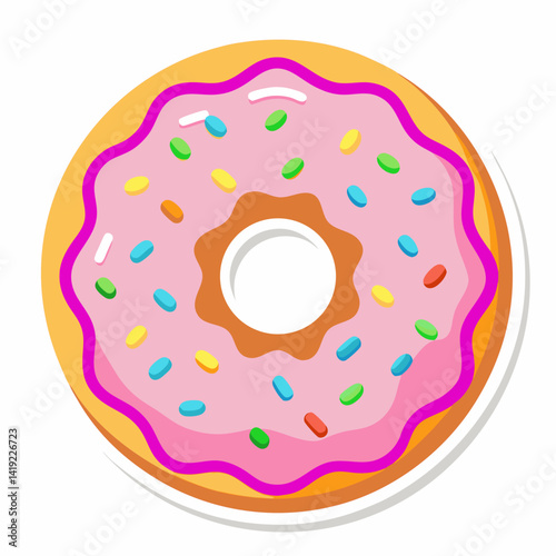 A pink donut topped with colorful sprinkles, placed on a clean white background.