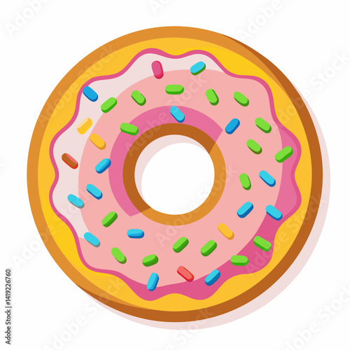 A pink donut topped with colorful sprinkles, placed on a clean white background.