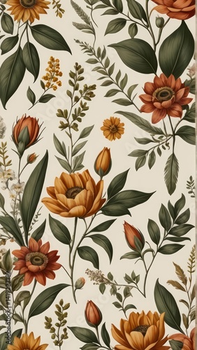 Autumnal floral pattern with rust and beige flowers and leaves. Warm, botanical design perfect for backgrounds or fall themes.
