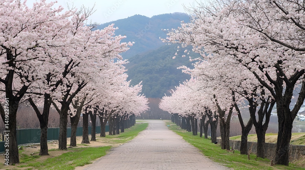 Obraz premium Charming rural road surrounded by a picturesque landscape of blossoming cherry trees in full spring bloom The serene tranquil scene evokes a sense of peaceful idyllic countryside