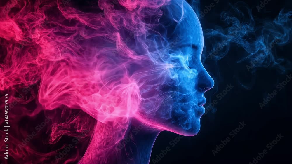 pink and blue smoke forming female face silhouette in futuristic light
